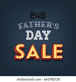 Lovely vector special offer card or banner template for 'Father's Day Sale' featuring bow tie and lit up marquee 3D letters