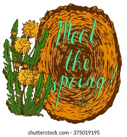 Lovely vector spring postcard augmented with an inscription. Design element, postcard production, illustration for books and magazines. Printed production.