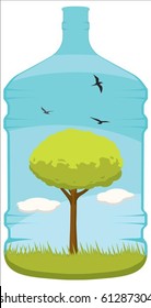 A lovely vector of a tree, grass, clouds and birds inside a 20L water bottle. Editable vector file in the .eps format.