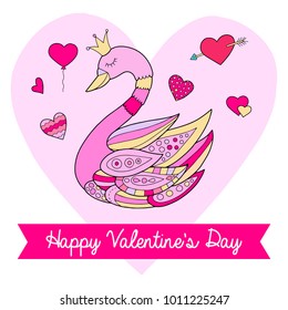 Lovely vector Valentine's Day card. Cute doodle illustration. Swan in heart.