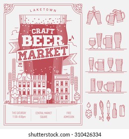 Lovely vector wall art or advertisement poster for craft beer market or local brewery shop with additional decorative design elements. Clink beer mugs and glasses, bar taps, bottle and can 