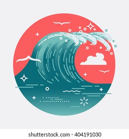 Lovely vector web icon on large ocean breaking wave. Sea water round symbol in flat design with abstract wave and seagulls. Storm wave. Surf wave breaking circle shaped sign
