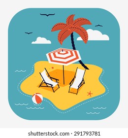 Lovely vector web icon with rounded corners on travel and summer vacation with abstract island paradise with palm, chaise lounge and parasol umbrella sunshade