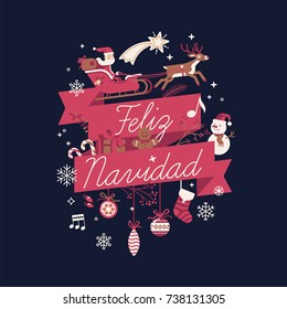 Lovely vector Xmas decorative composition with 'Merry Christmas' greeting written in Spanish featuring Santa, snowman, gingerbread man and other traditional winter holiday ornaments