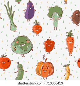 Lovely vegetables vector seamless pattern with white background. Onion, eggplant, beet, potato, broccoli, cabbage, bell pepper, carrot, tomato, cucumber, pumpkin and pea in funny cartoon style