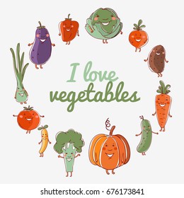 Lovely vegetables vector set with white background. Onion, eggplant, beet, potato, broccoli, cabbage, bell pepper, carrot, tomato, cucumber, pumpkin and pea in funny cartoon style