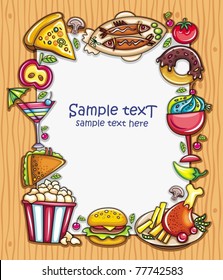 Lovely vertical composition on wooden background with space for your text, surrounded by colorful food icons