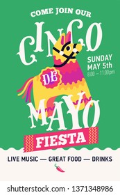 Lovely vertical poster for Cinco de Mayo Party event. Quality vector flyer template for Mexican traditional holiday Fifth of May with lettering and pinata donkey illustration