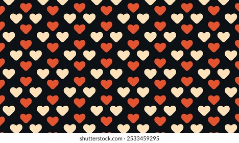 Lovely vintage hearts in red and beige colors. Vector Love black background. Love seamless concept cartoon pattern. Happy Valentine's day