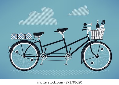 Lovely Vintage Old Fashioned Tandem Bike With Front And Rear Racks, Picnic Basket With Bottle Of Wine And Baguette Bread And Folded Picnic Plaid