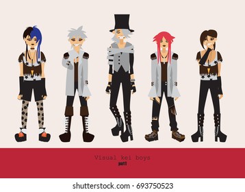 Lovely visual kei men. Different hairstyles, emotions, accessories, posing isolated on background. Creative collection with subculture oshare style, gothic subculture