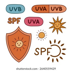 Lovely vivid outline set with SPF protection symbols. Childish hand drawn doodle with shield with sun, bubbles with UVA and UVB signs for sunblock, sunscreen product isolated on background.