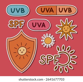 Lovely vivid outline sticker sheet with SPF protection symbols for planners, notebook, diary. Ready for print list of hand drawn stickers with shield with sun, bubbles with UVA and UVB for sunblock