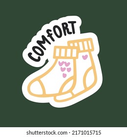 Lovely warm socks. Convenience and comfort, stay at home, take care of yourself. Vector cute doodle sticker.