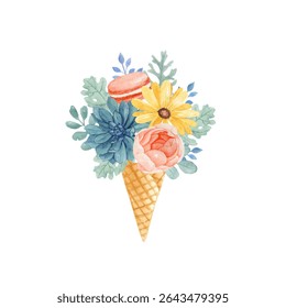 Lovely watercolor floral ice cream with orange macaroon, succulent, rose, yellow daisy and dusty miller leaves