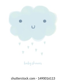 Lovely Watercolor Style Baby Shower Vector Art with Cute Hand Drawn Cloud. Blue Smiling Fluffy Cloud Illustration Ideal for Card, Wall Art, Invitation, Poster, Label, Baby Room Decoration. 
