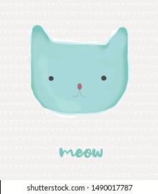 Lovely Watercolor Style Nursery Vector Art with Pastel Blue Hand Drawn Kitty. Beige Background. Cute Little Cat Illustration Ideal for Card, Wall Art, Invitation, Poster, Label, Baby Room Decoration.