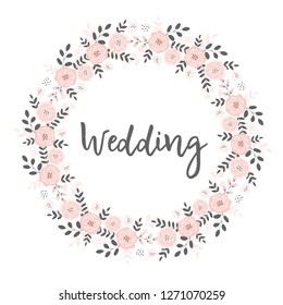 Lovely Wedding Card with Pink Floral Round Wreath. Wedding Floral Invitation. Frame Made of Twigs and Flowers on a White Background. Delicate Pastel Color Illustration. Blooming Floral Garland.