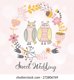 Lovely wedding card in vector. Cute owls in pastel colors. Stylish cartoon holiday card