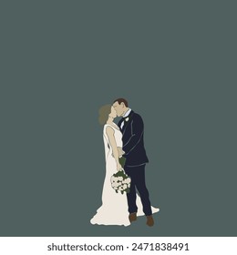 Lovely Wedding Couple Hugs And Kisses Bouquet Isolated Vector Design