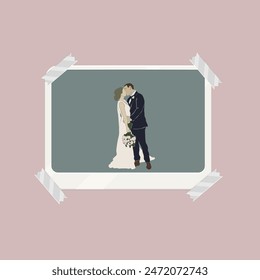 Lovely Wedding Couple Hugs And Kisses Bouquet Design Frame Picture For Mood Board Pink Orange Pastel Vector Isolated