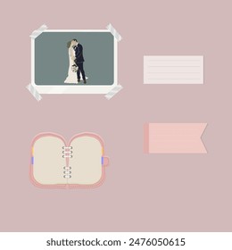 Lovely Wedding Couple Hugs And Kisses Bouquet Design Frame Picture For Mood Board Note Paper Book  Pink Orange Pastel Vector Isolated