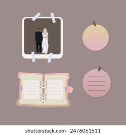 Lovely Wedding Couple Looking Out Design Frame Picture For Mood Board Note Paper Book  Brown Blue Pastel Vector Isolated