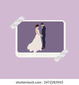 Lovely Wedding Couple Standing Holding Hands Design Frame Picture For Mood Board Purple Gray Pastel Vector Isolated