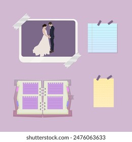 Lovely Wedding Couple Standing Holding Hands Design Frame Picture For Mood Board Note Paper Book Purple Gray Pastel Vector Isolated