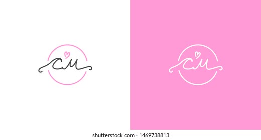 Lovely wedding hand-drawn C M monogram with a heart shape. White CM initials feminine lettering logo in a circle on a pink background. Elegant simple calligraphy logo with a bridal veil on letter C