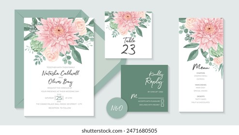 Lovely wedding invitation template with beautiful dahlia flower, watercolor floral invitation