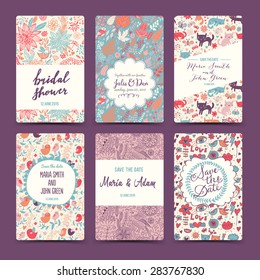 Lovely wedding romantic collection with 6 awesome cards made of hearts, flowers, wreaths, cats, butterflies and birds. Graphic set in retro style. Sweet save the date invitation cards in vector.