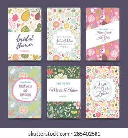 Lovely wedding romantic collection with 6 awesome cards made of hearts, flowers, wreaths and birds. Graphic set in retro style. Sweet save the date invitation cards in vector