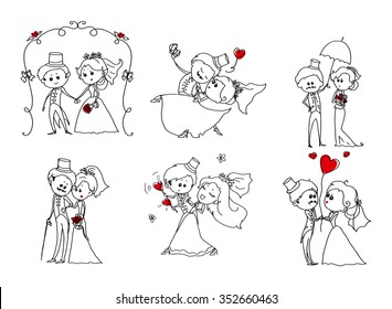  Lovely wedding sketch with bride and groom. Set of funny wedding pictures. Hand drawn illustration. 