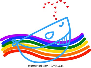 lovely whale cartoon with rainbow wave hand-drawn illustration