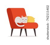 Lovely white cat sleeping on a pillow on a red retro armchair, home pet resting vector Illustration