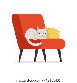 Lovely white cat sleeping on a pillow on a red retro armchair, home pet resting vector Illustration