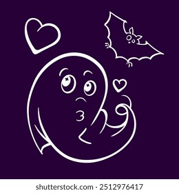 A lovely white ghost and a cute black bat vector line art doodle on a dark purple background, perfect for Halloween themes and spooky fun
