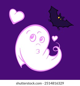 A lovely white ghost vector illustration alongside a cute black bat on a dark purple background, perfect for Halloween themes and spooky fun