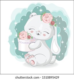 the lovely white honey bunny, rabbit, with gift box. The picture in hand drawing style, can be used for party invitation, greeting card, t-shirt print, fashion design