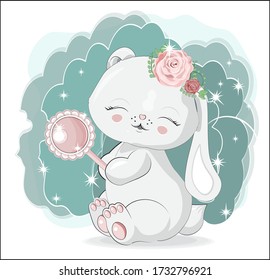 lovely white honey bunny, rabbit with magic rattle and roses. Picture in hand drawing cartoon style, for t-shirt wear fashion print design, greeting card, postcard. baby shower. party invitation.