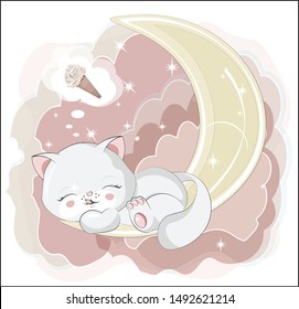 the lovely white honey cat, kitten, sleep and smile, cat with ice cream.  Can be used for t-shirt print, kids wear fashion design, baby shower invitation card.