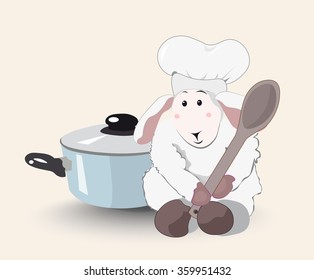 lovely white lamb the cook with a wooden spoon in a cook cap and blue pan