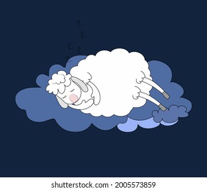 A lovely white lamb sleeps sweetly on a cloud in the sky. The concept of sweet dreams, relaxation, night rest, healthy sleep. Vector illustration in cartoon cheerful style on blue. 