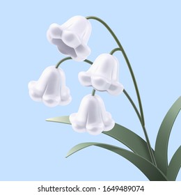 Lovely white lily of the valley in 3d illustration on light blue background