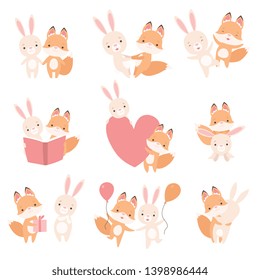 Lovely White Little Bunny and Fox Cub Having Fun Together Set, Cute Best Friends, Adorable Rabbit and Pup Cartoon Characters Vector Illustration