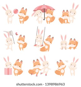 Lovely White Little Bunny and Fox Cub Playing Together Set, Cute Best Friends, Adorable Rabbit and Pup Cartoon Characters Vector Illustration