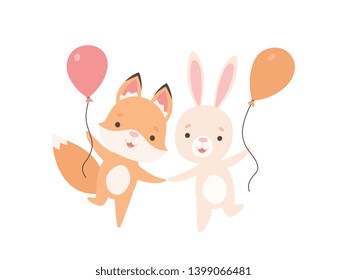 Lovely White Little Bunny and Fox Cub with Balloons, Cute Best Friends, Adorable Rabbit and Pup Cartoon Characters Vector Illustration