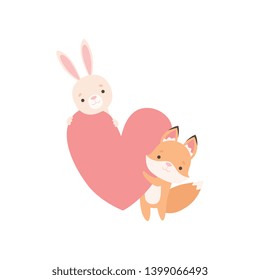 Lovely White Little Bunny and Fox Cub Holding Big Red Heart, Cute Best Friends, Adorable Rabbit and Pup Cartoon Characters Vector Illustration