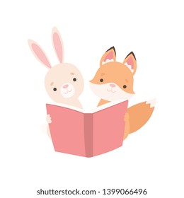Lovely White Little Bunny and Fox Cub Reading Book, Cute Best Friends, Adorable Rabbit and Pup Cartoon Characters Vector Illustration